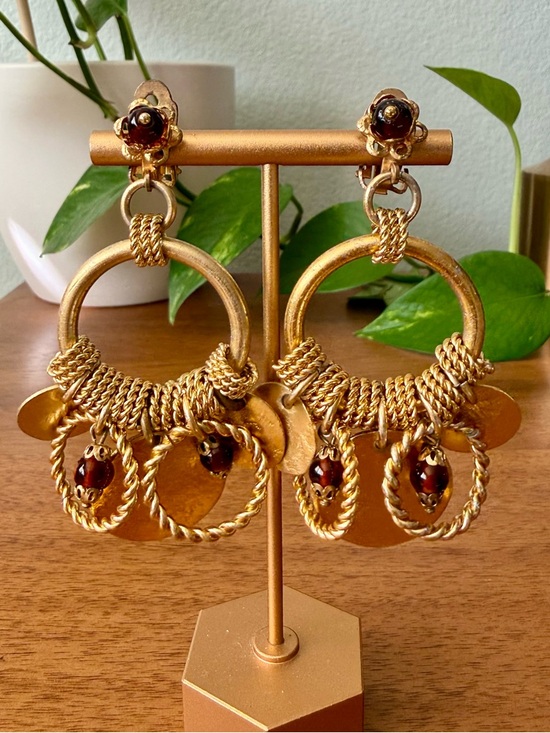 Vintage Jewelry - Vintage Boho Coin Disc Chandelier Dangle Hoop Clip Ons with Brown Glass Beads